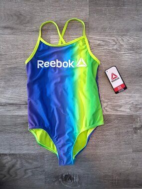 NWT Reebok Girls Medium Blue And Green Full Body One Piece Swimsuit/Swimwear
